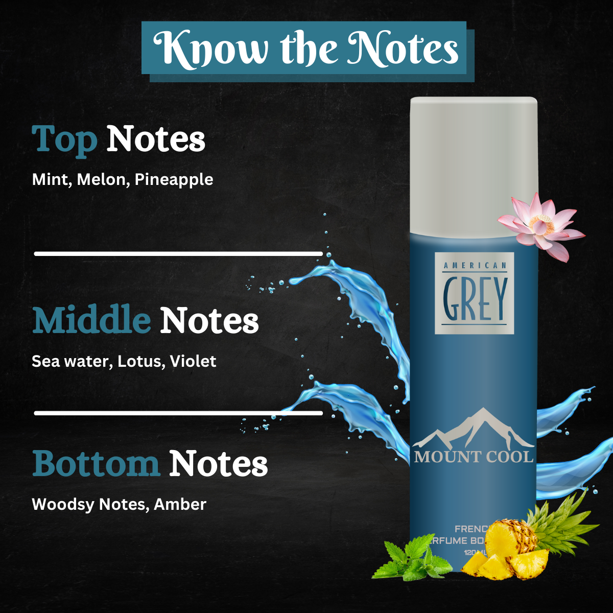 american grey mount cool notes, know the notes mount cool, notes of mount cool, notes of aquatic fragrance, base note of davidoff cool water